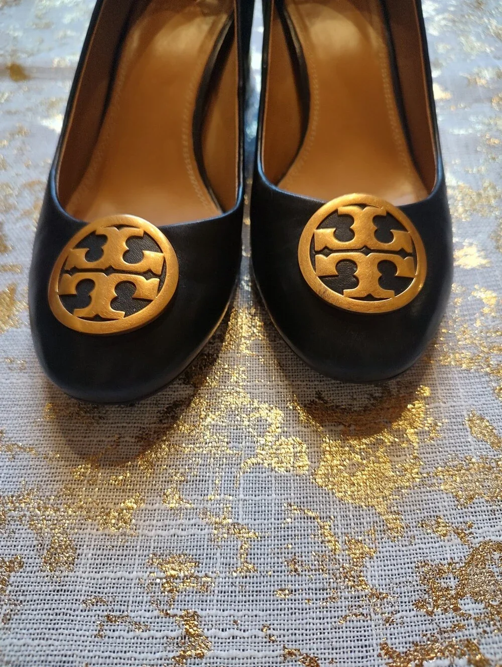 Tory Burch Black Leather Heels with Gold Logo Medallion